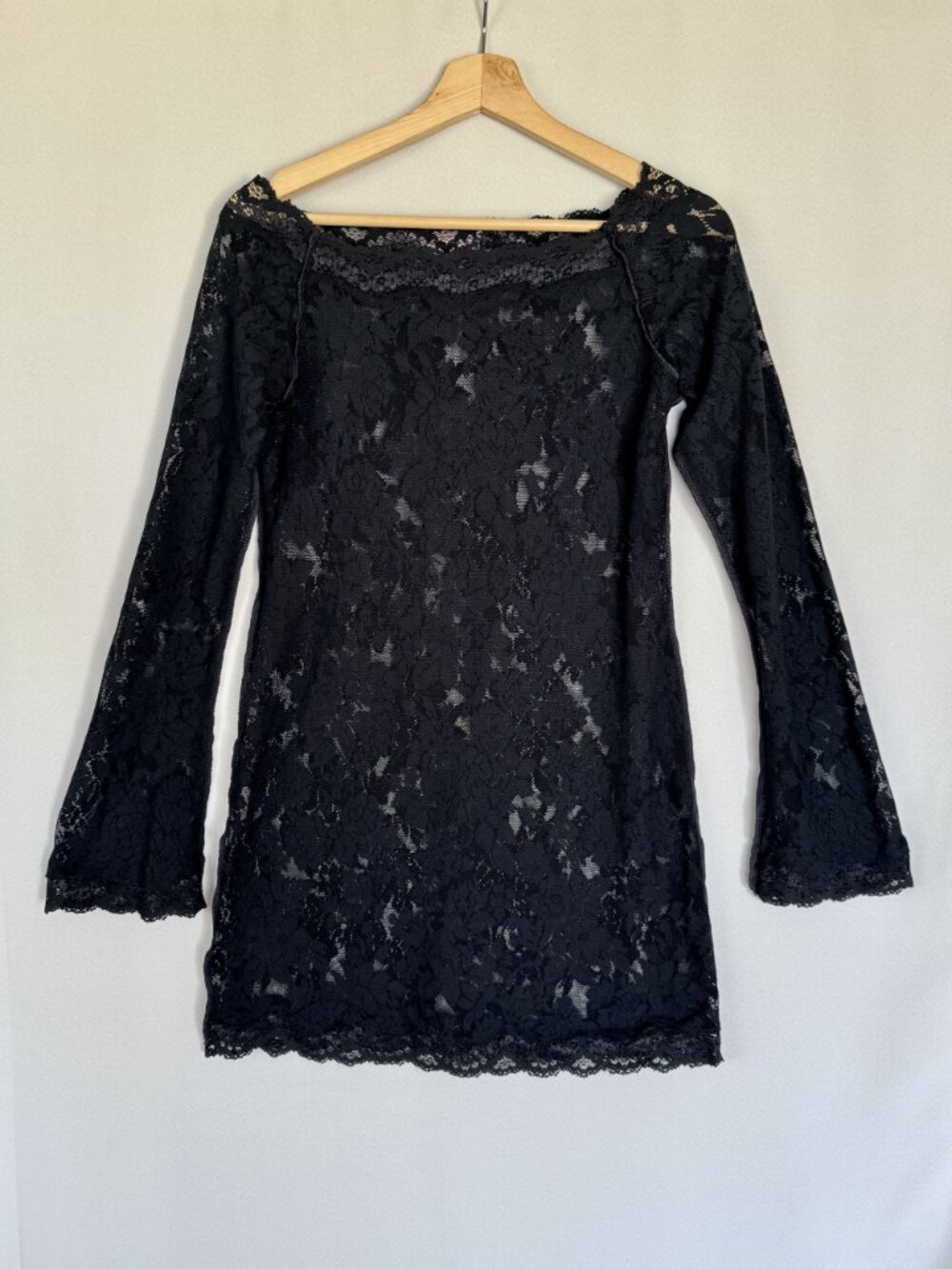 90s Vintage Victoria's Secret Lace Off Shoulder Bell Sleeve Mini Dress Large - Picture 7 of 10